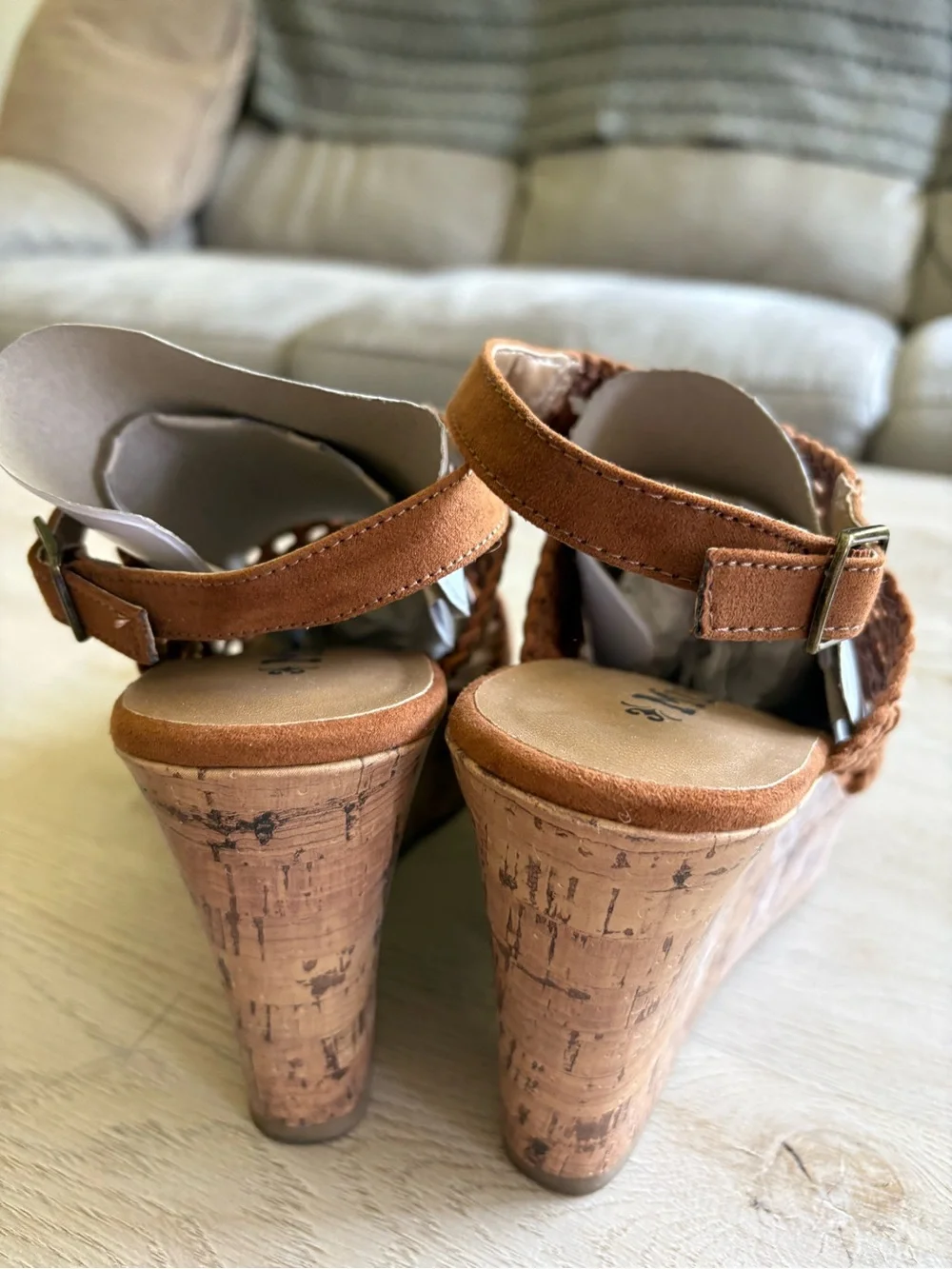 Mudd Cognac Woven Boho Cork Wedge Sandals Size 8M Ankle Strap Platform